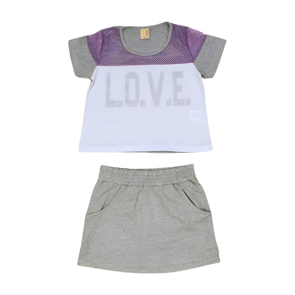 Conjunto Blusa com Tela Estampa Love e Saia Moletom 13561 – Hrradinhos