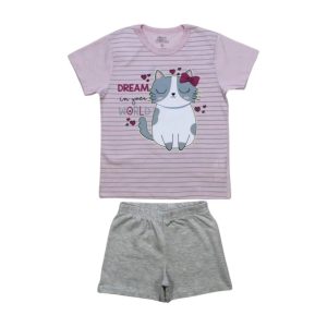 Pijama Malha Curto Feminino Estampa Gatinha Brilha no Escuro 9258 – Bicho Bagunça
